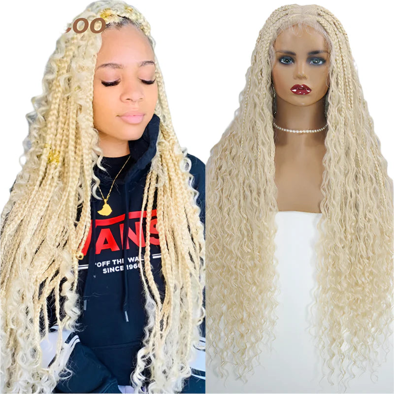 Bohemian Box Braids Full Lace Wig - Blonde Goddess Locs Curly Braided Wig for Black Women