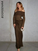 BOOFEENAA See Through Mesh Patchwork Black Long Dress Fall 2024 Sexy Elegant Off Shoulder Long Sleeve Cutout Dresses C66-EZ33 - Lootquake