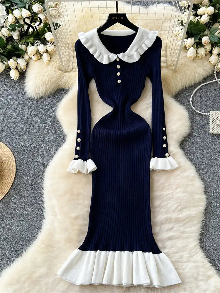 SINGREINY 2024 Hotsweet Slim Autumn Dress Women Peter pan Collar Long Sleeves Patchwork Preppy Style Mermaid Sweater Long Dress - Lootquake