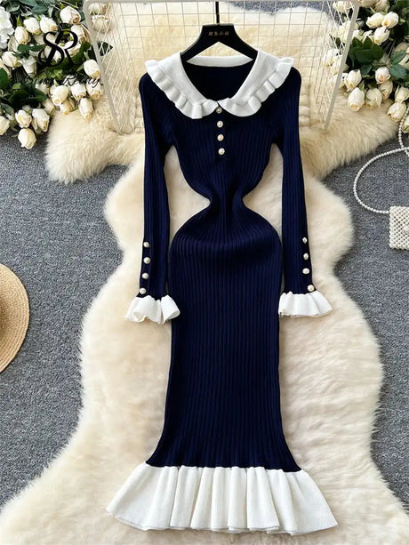 SINGREINY 2024 Hotsweet Slim Autumn Dress Women Peter pan Collar Long Sleeves Patchwork Preppy Style Mermaid Sweater Long Dress - Lootquake