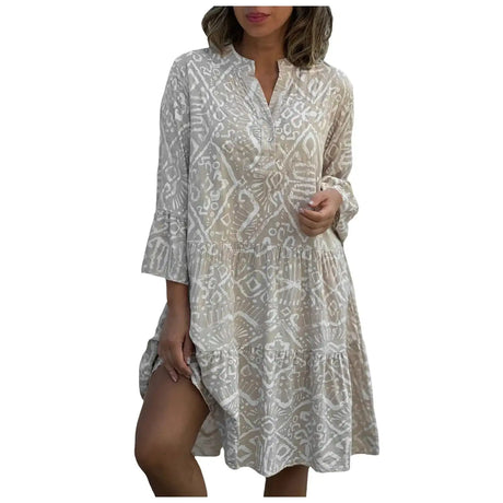 Women Floral Print Maxi Dress Fashion Casual V Neck Long Dress Plus Size Summer Boho Dress Ruffle Three Quarter Sleeves Dresses - Lootquake