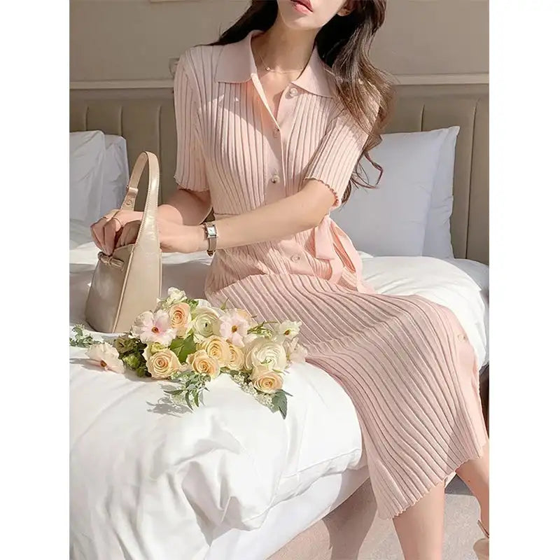 Elegant Summer Sweet Sle Turn-down Collar Single-button Thin Ice Silk Short-sleeve Knitted Long Dress Women's Fashion - Lootquake
