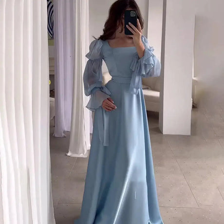 Eid Muslim Party Dress Women Sweet Puff Sleeve Long Dress Square Collar Vestidos Largo Ramadan Abayas Dubai Arab Long Robe 2024 - Lootquake