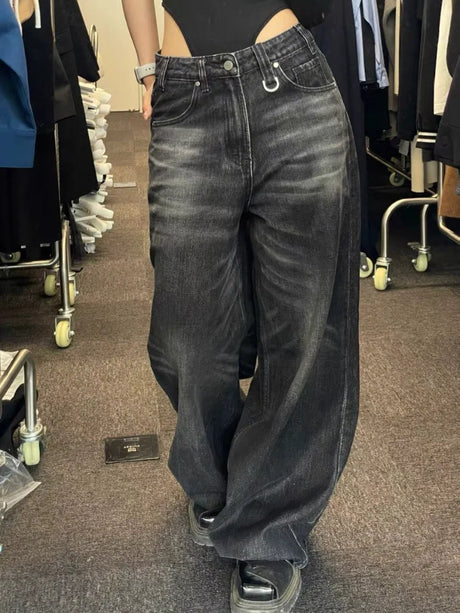 HOUZHOU Vintage Black Wide Leg Jeans Women Oversized High Street Korean Fashion Baggy Denim Trousers Grunge Y2k Female Hip Hop - Lootquake
