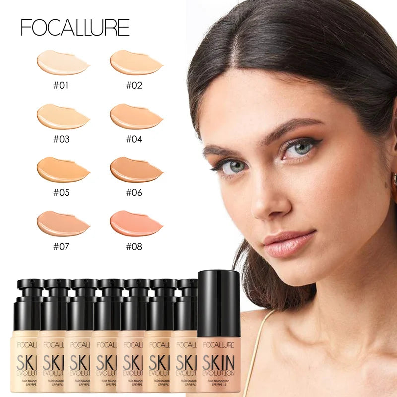 Base de maquillaje Focallure de 8 colores, base líquida, crema de cobertura total, corrector, hidratante, maquillaje facial.