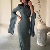Fashion Satin Solid Robe Dress Ladies Temperament O-neck Slim Evening Dress Elegant Batwing Sleeves High Waist Pleats Long Dress - Lootquake