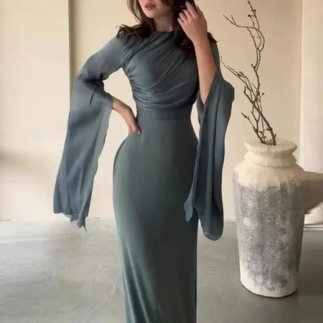 Fashion Satin Solid Robe Dress Ladies Temperament O-neck Slim Evening Dress Elegant Batwing Sleeves High Waist Pleats Long Dress - Lootquake