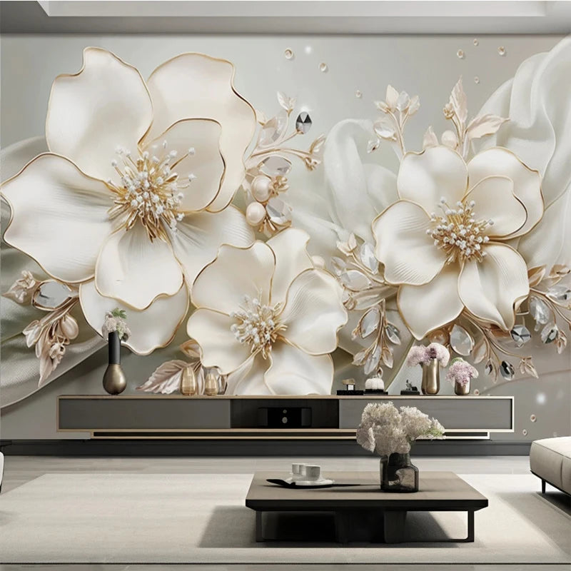 Custom Large Size Modern Wallpaper 3D Embossed Flowers Jewelry Mural Paper TV Background Wall Living Room Decor Home Improvement