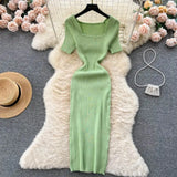 Green 2024 Sexy Summer Knit Short Sleeve Dress Women Squar Collar Waist Bodycon Sundress Female Beach  Backless Long Dress - Lootquake