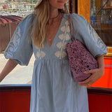 Elegant Print Half Puff Sleeve Dresses Women Loose V-neck Lace Up Backless Long Dress 2024 Summer New Ladies Chic Beach Robes - Lootquake