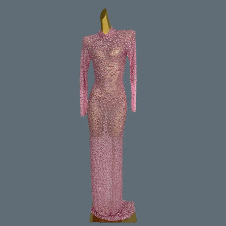 Stunning Evening Gown Long Dress Birthday Celebrate Luxurious Costume Sparkly Big Rhinestone Dancer Flashing Party Dress Gesebei - Lootquake