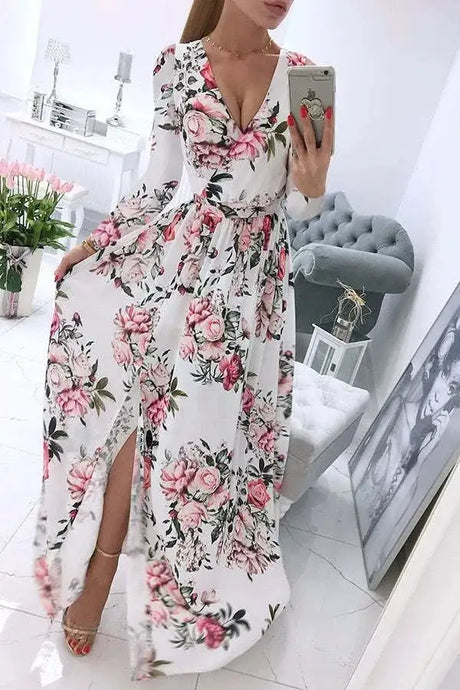 Amazon eBay Cross border 2024 Summer Chiffon Printed Long Dress V-neck Dress Long Sleeve Split Dress Women - Lootquake