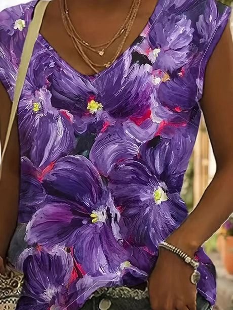 Plus Size Floral Print Tank Top, Casual V Neck Sleeveless Top For Summer, Women's Plus Size Clothing - Lootquake