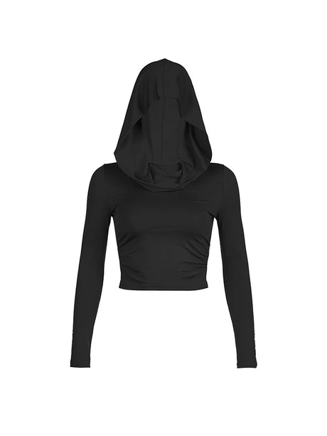 Women's Hooded Crop Tops Autumn Solid Color Long Sleeve Cowl Neck Slim Fit Short T-Shirt Streetwear Sporty Basics Tees - Lootquake