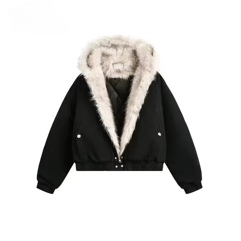 Winter New Plush Jacket American Retro Mao Collar Hooded Jackets Women Street Hip hop Gothic Harajuku Casual Cotton-Padded Coat - Lootquake