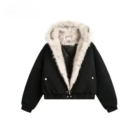 Winter New Plush Jacket American Retro Mao Collar Hooded Jackets Women Street Hip hop Gothic Harajuku Casual Cotton-Padded Coat - Lootquake