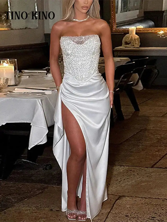 Satin Shiny Sequins Party Long Dress Women Sexy Strapless Sleeveless Backless High Split Dresses 2025 INS Lady Evening Gown - Lootquake