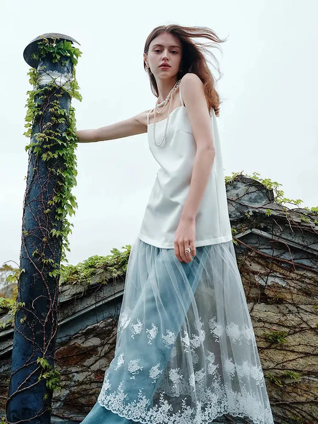 FSLE White Lace Splicing Suspender Summer Long Dress For Female 2024 New Unique Design Influencer Niche Women Top 24FS12296 - Lootquake