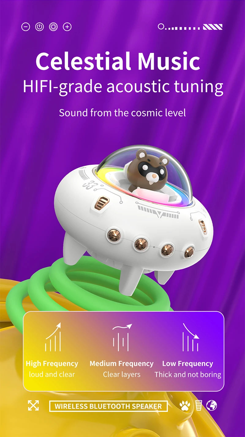 Mini haut-parleur portable Bluetooth avec éclairage LED RGB, design OVNI, vaisseau spatial, haut-parleur sans fil, idéal comme cadeau, compatible TF