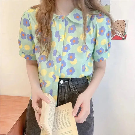 Women Summer Korean Casual Printing Chiffon Loose Polo-Neck Short Sleeve Blouse Women Clothes Sweet All-match Floral Top Tee - Lootquake