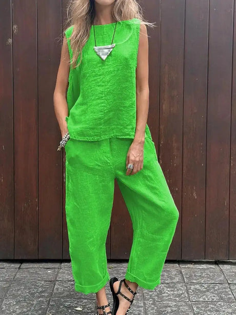 Summer Cotton And Linen Casual Outfits Female Fashion Solid Color Two-piece Set For Women Sleeveless Top Trousers Women's Suit - Lootquake