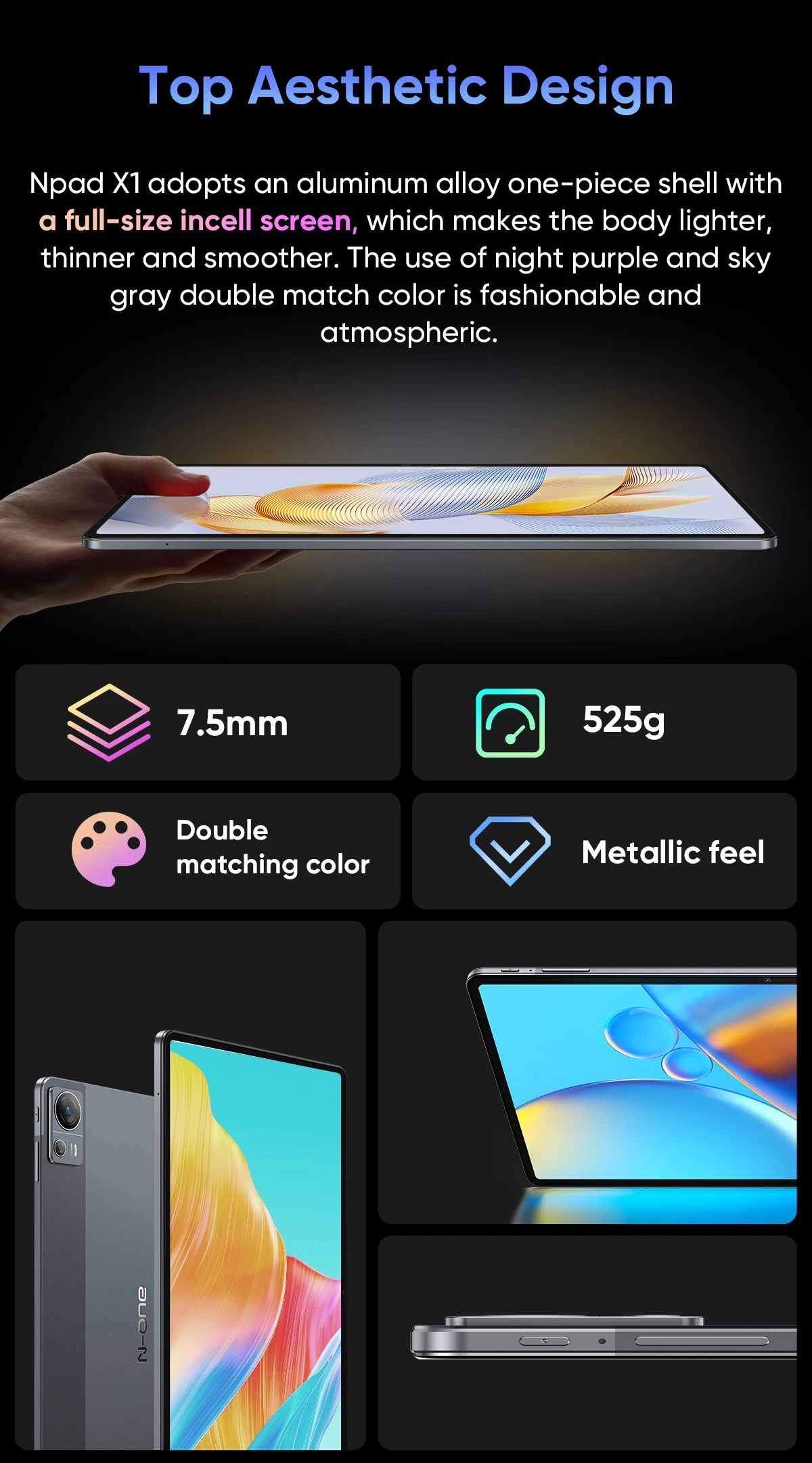 Tablette N-one NPad X1 MTK G99 8 cœurs 10,95 pouces Android 13 Charge rapide 8 600 mAh MAX 16 Go 128 Go 2 000 x 1 200 FHD 4G LTE Support L1