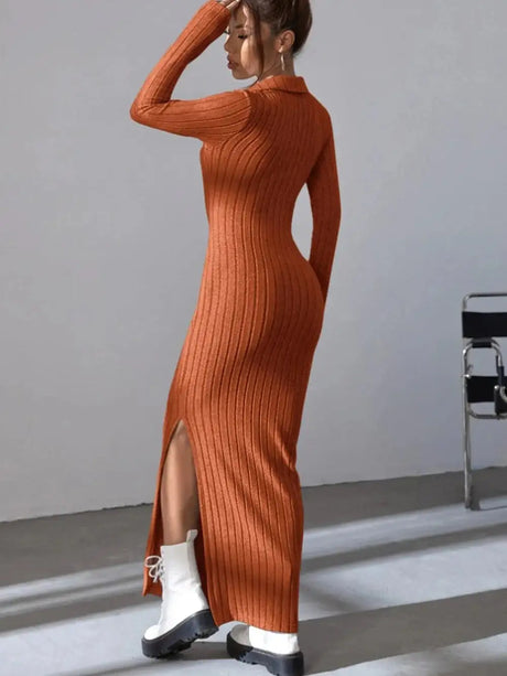 2024 Spring/Summer Knitted Dress Slim Fit Fashion Casual Women's Lapel Long sleeved Dress Concave Stripe Solid Color Long Dress - Lootquake