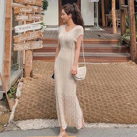 Summer High Quality Korean Simple Hollow Out Vest Knit Sweater Dress Women Japanese Gentle V-Neck Slim Elastic Knit Long Dress - Lootquake