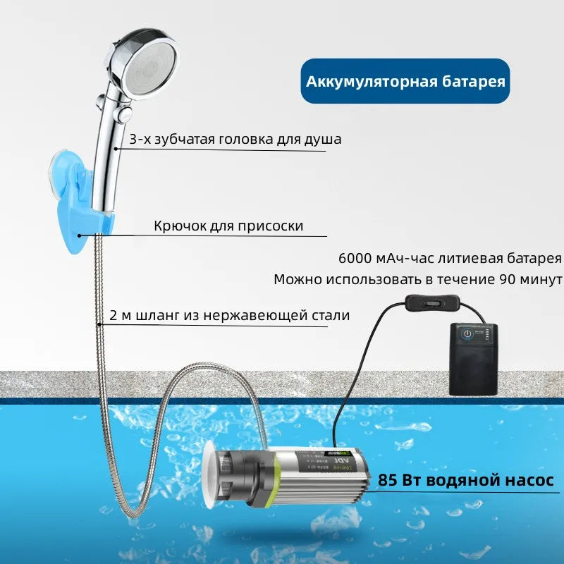 Ducha eléctrica portátil para camping, ideal para viajes, con bomba de agua de 85 W, cabezal de ducha ajustable de 3 velocidades y barra de agua caliente de 2500 W.