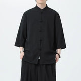 Men Chinese Style Hanfu Shirt 3/4 Sleeve Mens Loose Tops Tang Suit Solid Traditional Kung Fu Shirts Male Chinese Shirts M-5XL - Lootquake