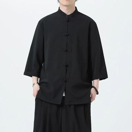 Men Chinese Style Hanfu Shirt 3/4 Sleeve Mens Loose Tops Tang Suit Solid Traditional Kung Fu Shirts Male Chinese Shirts M-5XL - Lootquake