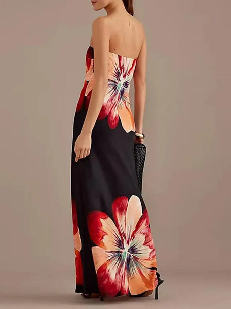 hirigin Women Y2K Floral Print Tube Maxi Dress Graphic Strapless Backless Long Dress Vintage Off Shoulder Summer Sundress - Lootquake