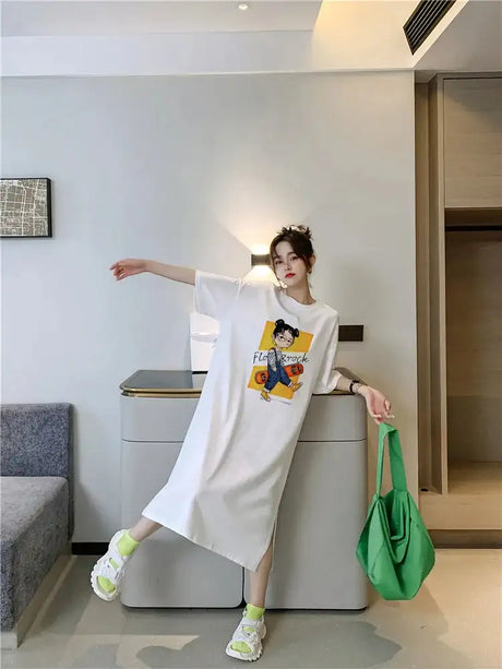 Harajuku Graphic White Long Dress Woman Clothing Y2k Casual Short Sleeve O-Neck Korean Fashion Summer Womens Loose Dresses 2024 - Lootquake
