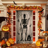 Halloween Window Decorations Halloween Door Curtain Skeleton & Bat Black Lace Panel for Haunted House Decor