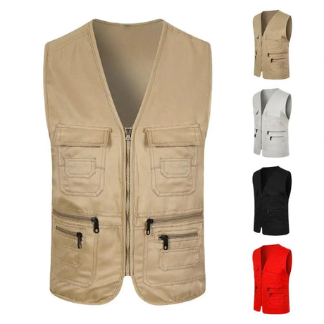 Solid Color Sports Vest Cargo Waistcoat Men Men's Summer Cargo Waistcoat with Multi Pockets V-neck Sleeveless Sports Vest Solid - Lootquake