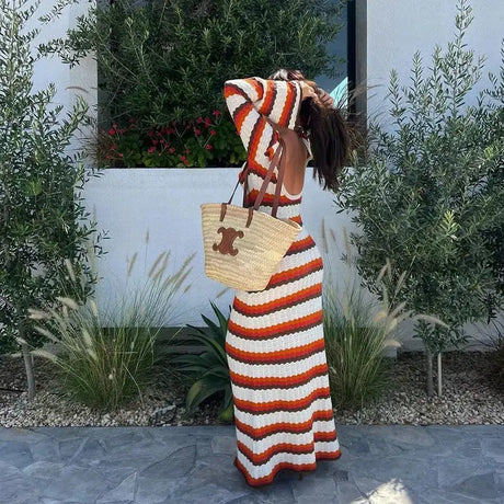 Striped Knitted Long Dress Women O-neck Backless Hollowed Out Long Sleeves Lady Bodycon Dress 2024 Spring Summer Vacation Robe - Lootquake