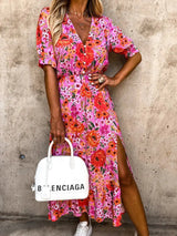 Vestido de verano con estampado floral para mujer, cuello en V, abertura lateral, largo, elegante, manga corta, botones, ajustado, para fiesta de primavera