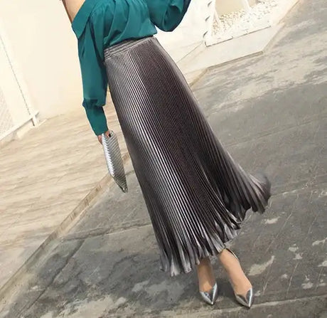 High-Waisted Vintage A- Line Accordion Skirt European Style Pleated Dress Metal Color Wide Hemline Long Dress For Women - Lootquake