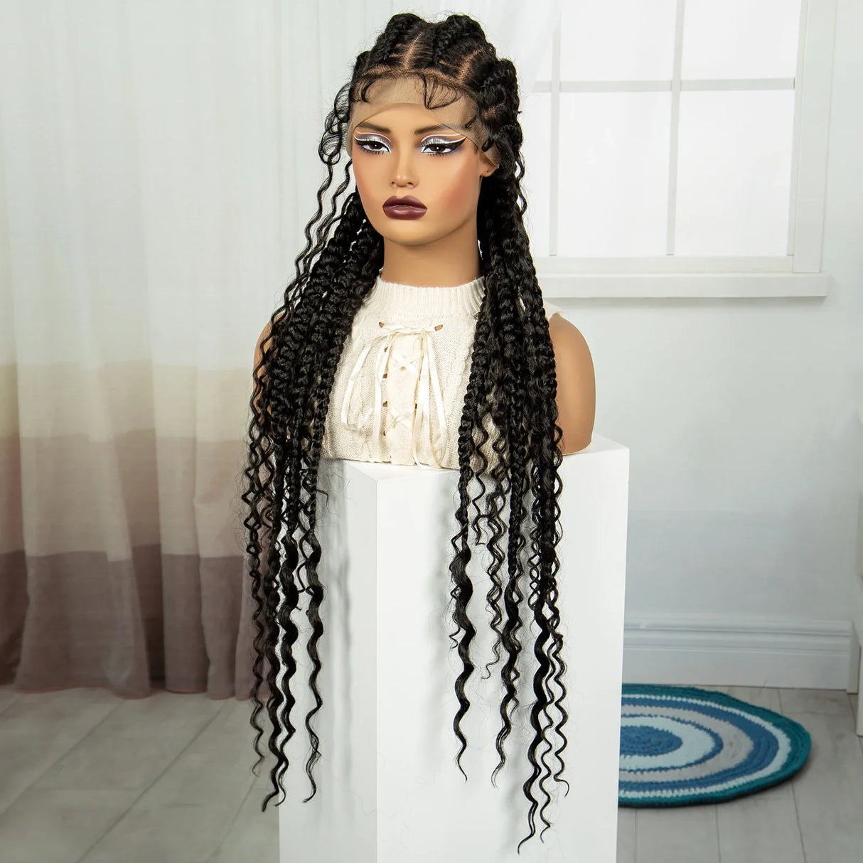 34" Cornrow Braids Wig with Curly Ends | Full Lace Frontal