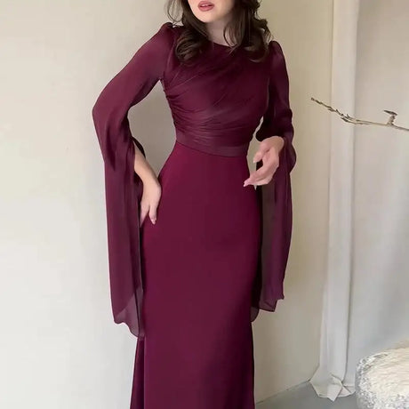 Fashion Satin Solid Robe Dress Ladies Temperament O-neck Slim Evening Dress Elegant Batwing Sleeves High Waist Pleats Long Dress - Lootquake