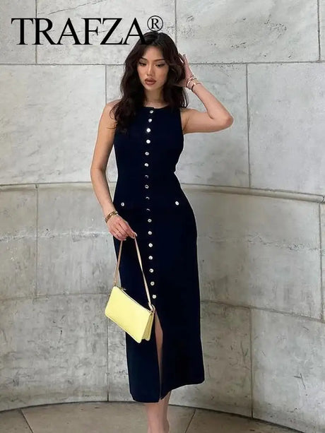 TRAFZA Women Elegant Solid Sleeveless Knitted Long Dress Fashion Single Breasted O Neck Dresses Female Chic Slim Midi Tank Dress - Lootquake