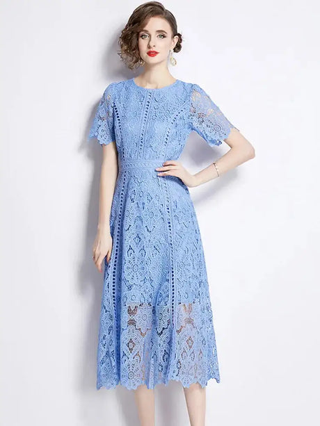 SMTHMA Vintage High-End O-Neck Short Sleeve Lace Hollow Out Dress For Women's Summer Slim Elegant Long Dress Female Clothing - Lootquake