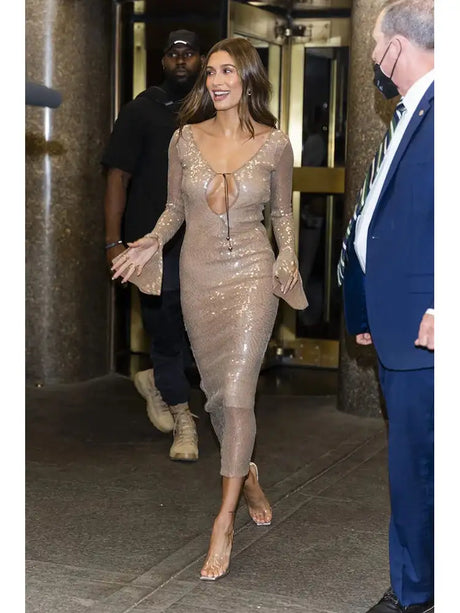 BEVENCCEL Sexy Luxury Sequins Deep V Long Sleeve Backless Sequins Long Dress Elegant  Bodycon Maxi Evening Party Clubwear Dress - Lootquake