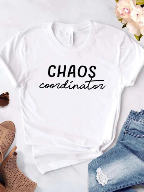 Women T Shirt Chaos Coordinator Letters Print Tshirt Women Short Sleeve O Neck Loose T-shirt Ladies Causal Tee Shirt Tops - Lootquake