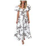 Summer V Neck Cutout Floral Print Dresses Elegant Women Puff Short Sleeve Casual Dress Pleated Waisted Swing Beach Long Dress - Lootquake
