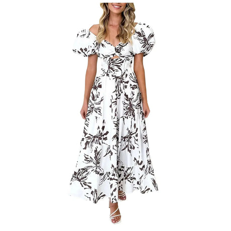 Summer V Neck Cutout Floral Print Dresses Elegant Women Puff Short Sleeve Casual Dress Pleated Waisted Swing Beach Long Dress - Lootquake
