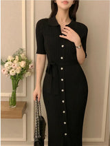 Elegant Summer Sweet Sle Turn-down Collar Single-button Thin Ice Silk Short-sleeve Knitted Long Dress Women's Fashion - Lootquake