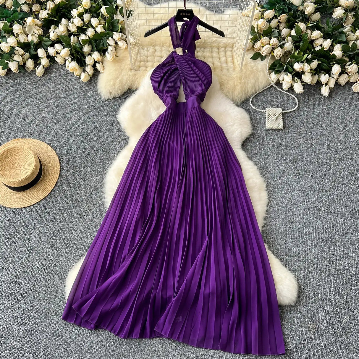 SINGREINY Sexy Halter Pleated Dress Women Summer Hollow Out Cross Lace Up Zipper Design Sleeveless Backless Elegant Long Dress - Lootquake