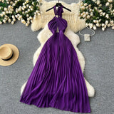 SINGREINY Sexy Halter Pleated Dress Women Summer Hollow Out Cross Lace Up Zipper Design Sleeveless Backless Elegant Long Dress - Lootquake