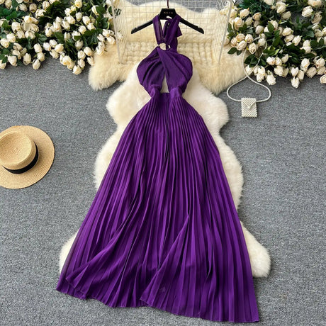 SINGREINY Sexy Halter Pleated Dress Women Summer Hollow Out Cross Lace Up Zipper Design Sleeveless Backless Elegant Long Dress - Lootquake